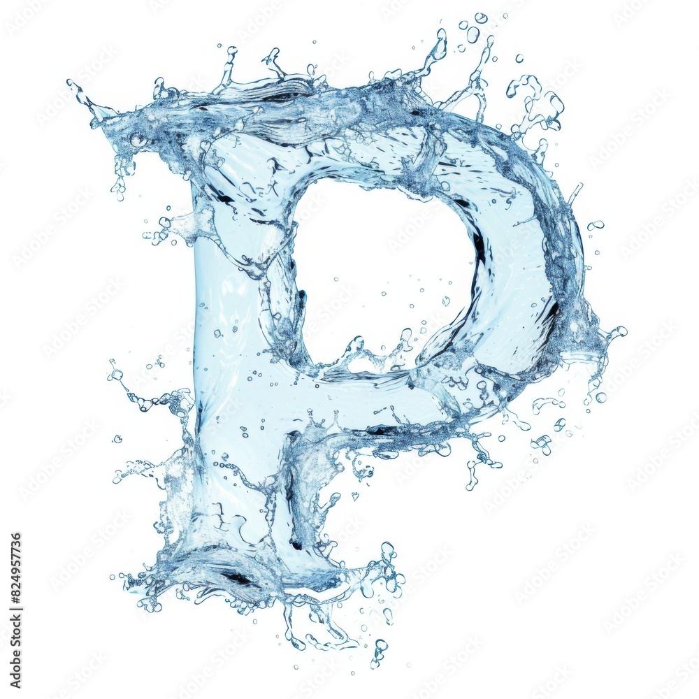 Latin letter P, texture of water, ice and splashes on white background. Close-up of one isolated large letter P. Latin letter P, texture of water, ice and splashes on white background. Close-up of one isolated large letter P.
