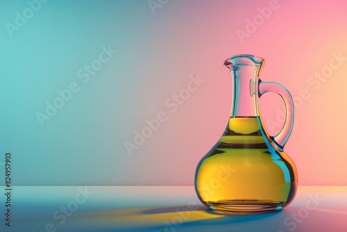 A glass bottle of oil is sitting on a table