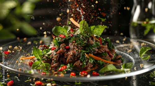 Thai beef salad, spicy and sour with fresh herbs, served on a glass plate, modern Bangkok restaurant setting photo
