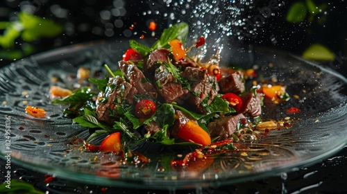 Thai beef salad, spicy and sour with fresh herbs, served on a glass plate, modern Bangkok restaurant setting photo