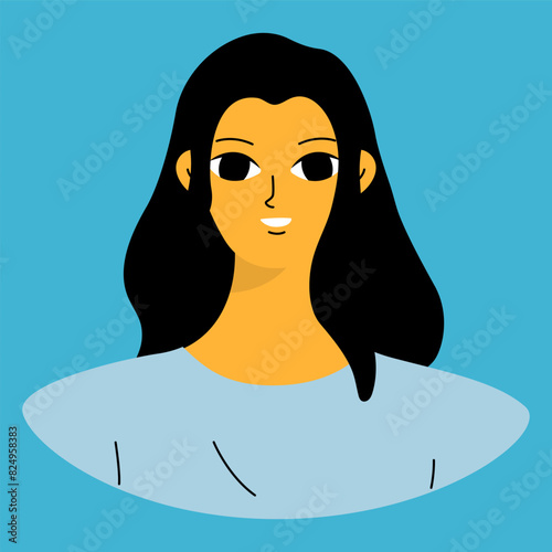 Positive emotions concept. Cartoon cute girlish face. Woman with happy smile. Isolated vector character.