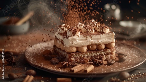 Tiramisu, layered with coffeesoaked ladyfingers and mascarpone, romantic Italian dinner photo