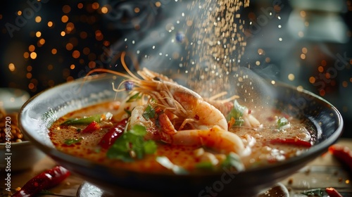 Tom Yum soup, hot and sour Thai soup with shrimp, beachside restaurant in Phuket