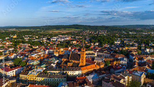 Picturesque cityscape of Old Town Cathedral and market square in Tarnow, Lesser Poland. Aerial drone view