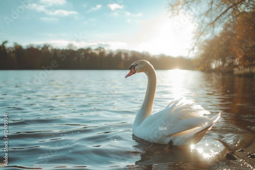Elegant Swan Gliding on Tranquil Waters Bathed in the Golden Glow of Sunlight in a Beautiful Close-Up