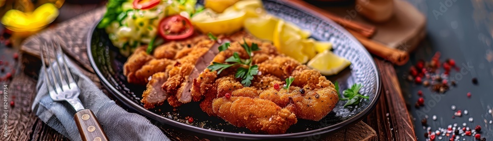 Wiener schnitzel, breaded veal cutlet, served with potato salad, traditional Austrian cafe