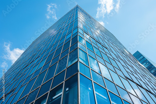 Reflective Glass Facade of Modern Skyscraper Against Clear Sky  