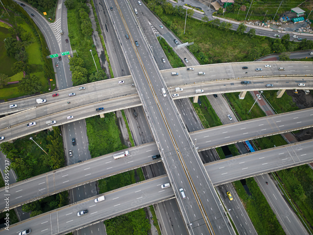 Aerial transport asphalt city junction road green tree forest park Aerial transport asphalt city junction road green tree forest park