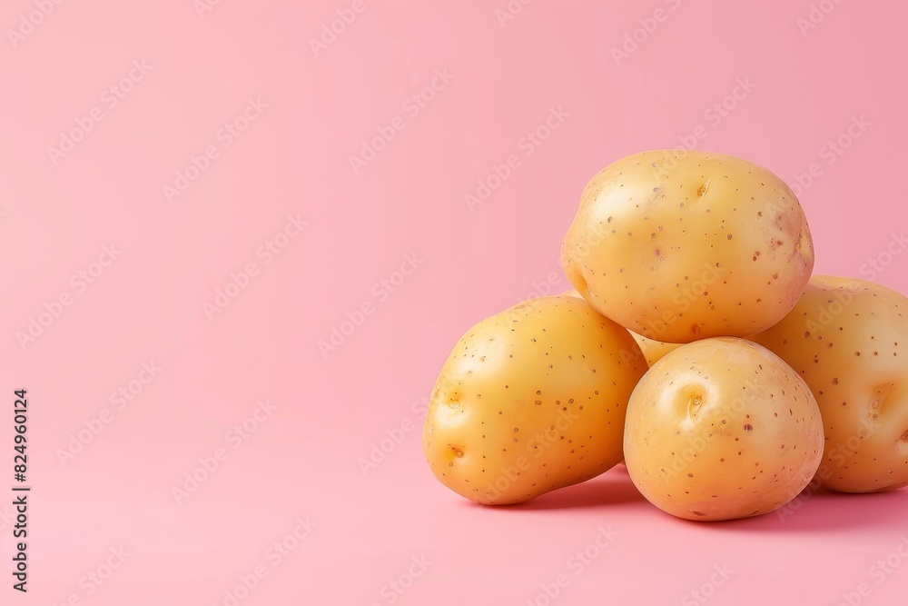 A pile of yellow potatoes on a pink background