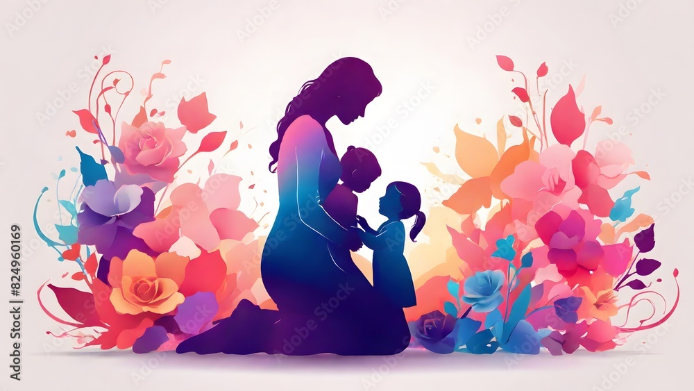 Picture with colorful silhouettes of mother and child with flowers. Create a warm, loving and gentle atmosphere.
