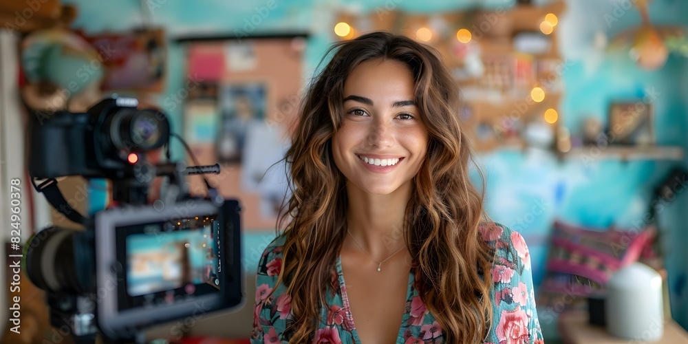Influencer girl creating captivating social media content showcasing her vibrant lifestyle. Concept Influencer Marketing, Lifestyle Content, Social Media Presence, Personal Branding