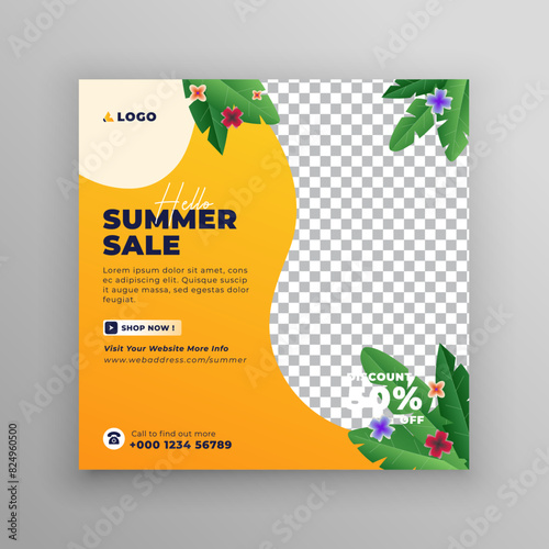 New summer offer Social Media banner template. Hello Summer Sale poster.