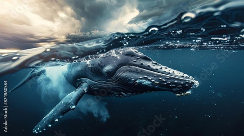 dramatic cinematic portrait of a majestic whale breaching the ocean surface powerful wildlife photography concept photo