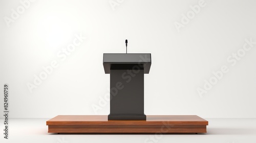 Empty podium on stage with a microphone, ready for a speech or presentation in a minimalist setting.