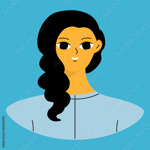 Positive emotions concept. Cartoon cute girlish face. Woman with happy smile. Isolated vector character.