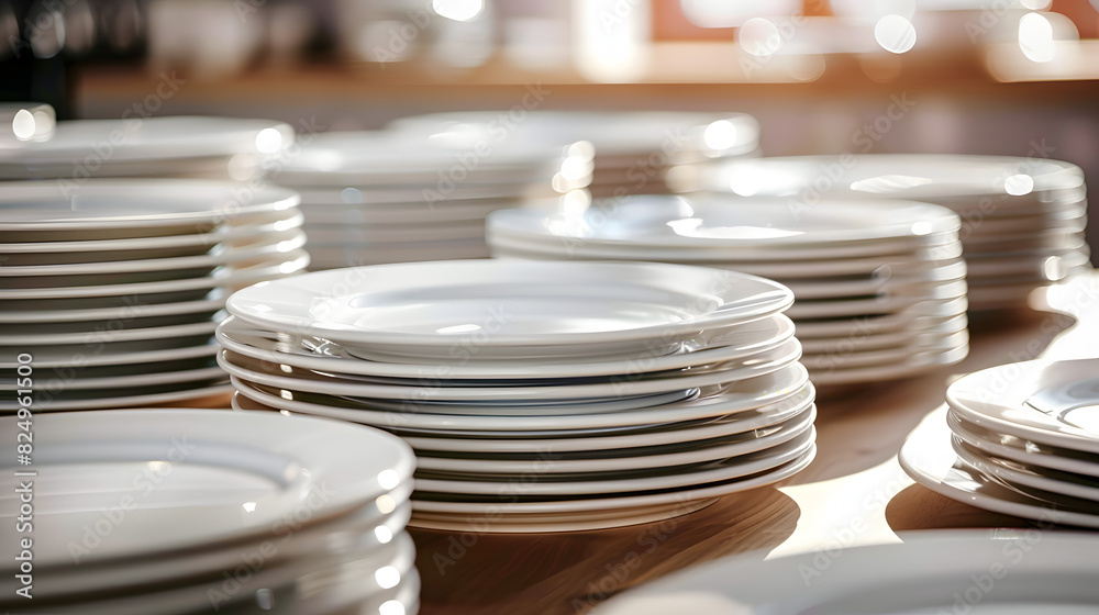 Closeup clean plates stack on a table ready for use Closeup clean plates stack on a table ready for use