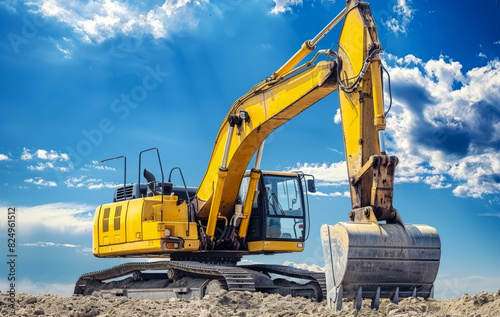 yellow excavator against blue sky with white clouds background
