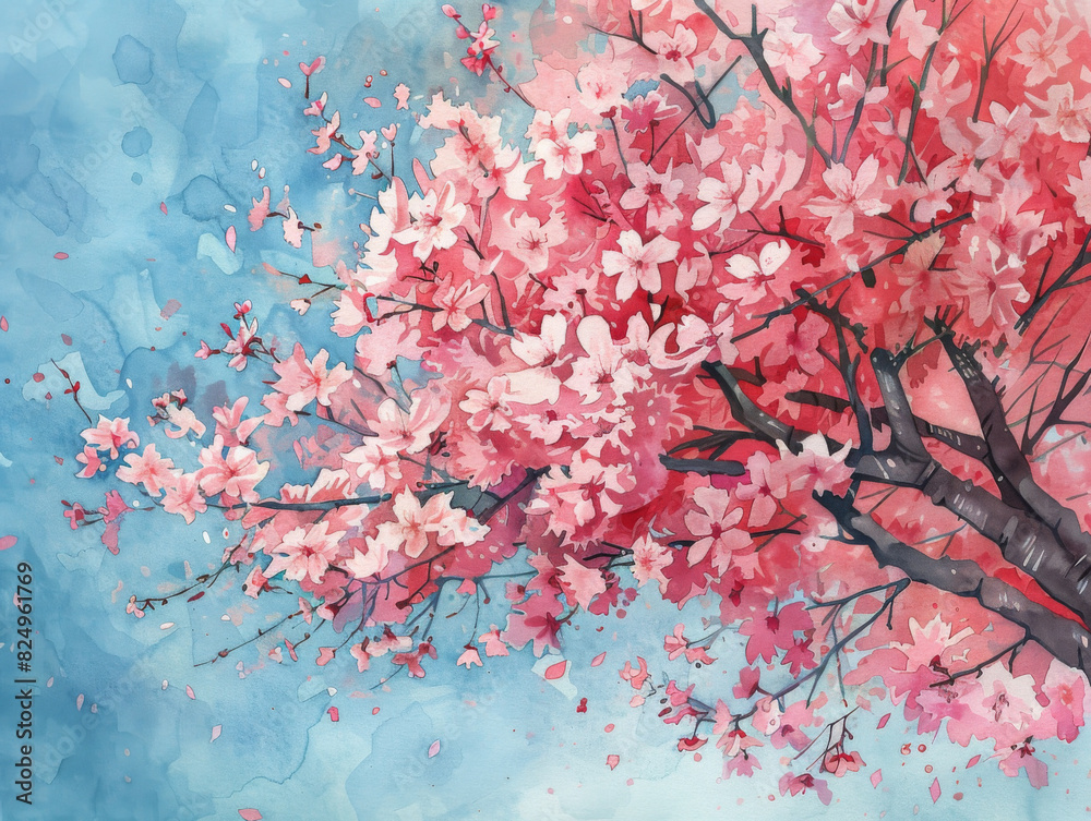 Tilted angle view of a watercolor painting of a blooming cherry blossom tree