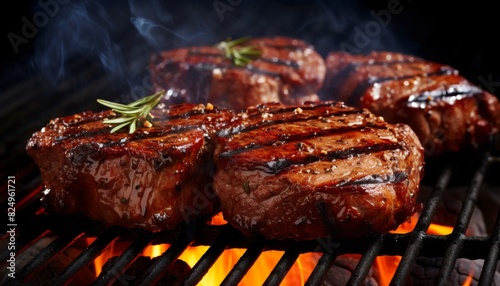 Juicy, grilled steaks sizzle over an open flame, perfectly cooked with grill marks and garnished with fresh rosemary for a delicious meal.