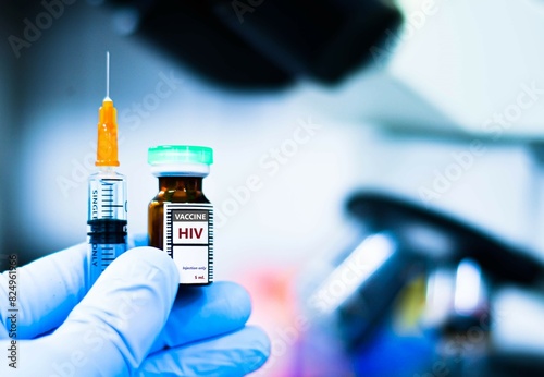 Картината върху платно Vaccine bottles and syringes for preventing HIV.