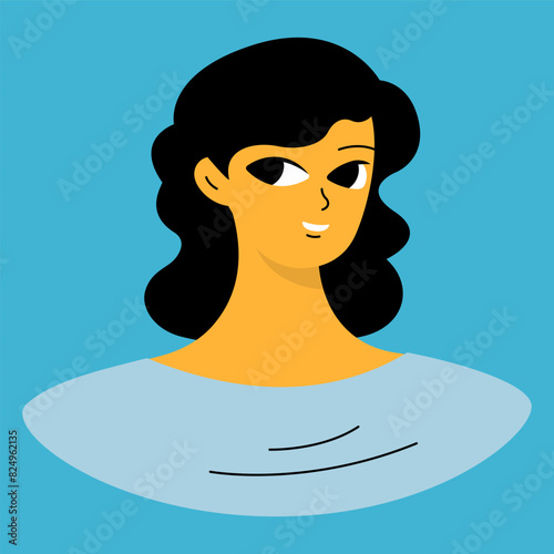 Positive emotions concept. Cartoon cute girlish face. Woman with happy smile. Isolated vector character.