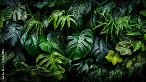 Lush tropical foliage with various green plant leaves  creating a vibrant and natural background. Perfect for nature themed projects.