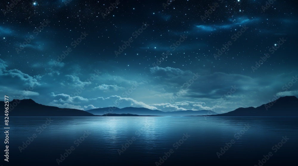 Stunning night sky over a calm lake, with stars reflecting on water and mountains silhouetted in the distance, serene and tranquil scene.