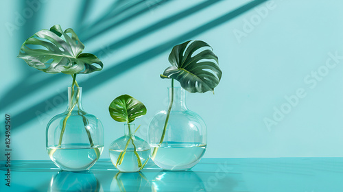 A sheet of fitters and palm trees stand in glass vases with water on a blue and lilac background, next to them are glass glasses of water for irrigation