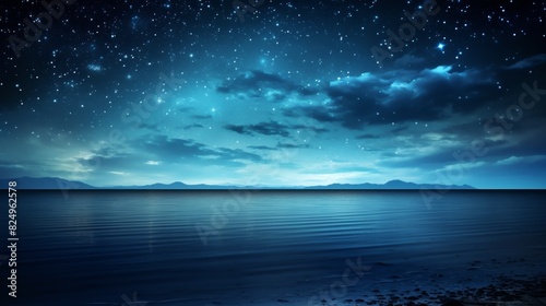 Stunning night sky over calm ocean waters  with stars reflecting on the surface. Beautiful  serene landscape capturing the tranquility of nature.