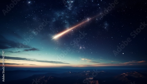 Stunning night sky with a bright shooting star and cosmic landscape. Perfect for astronomy enthusiasts and celestial photography.