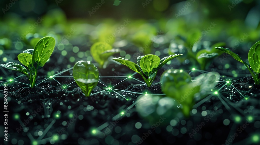 Close-up of green seedlings with digital network connections representing smart farming technology and precision agriculture. Close-up of green seedlings with digital network connections representing smart farming technology and precision agriculture.