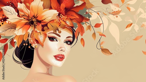 elegant woman with autumnhued floral headpiece capturing fashion glamour and natural beauty vector art illustration photo