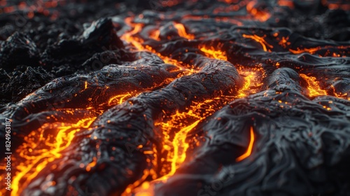 Close-up view of lava flowing and bubbling in the ground, showcasing the intense heat and movement of the molten rock