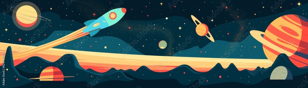 Naklejka premium The rocketship is taking off from the launch pad. The sky is full of stars and planets. The scene is very colorful and looks like it is from a science fiction movie.