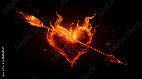 Heart arrow with fire on black background. Illustration