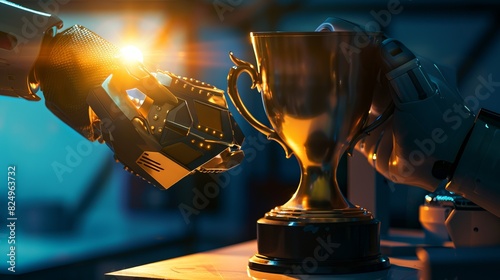 Hand polishing a gold trophy under bright light Side view Highlights quality Robotic tone Monochromatic color scheme,  super realistic photo