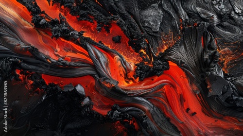 A dynamic abstract painting showcasing black and red lava flowing on a black background  creating striking contrast and movement