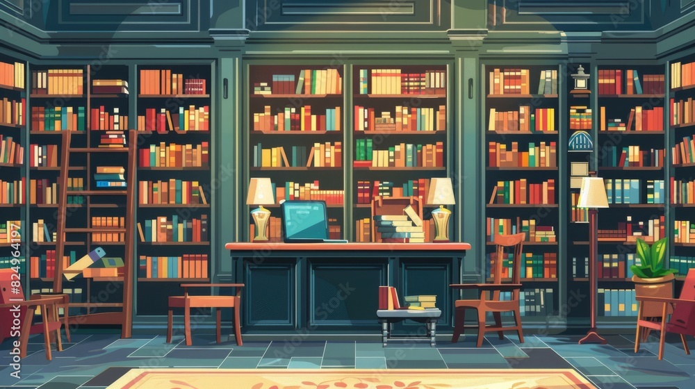 A large library with many bookshelves and a reading area.