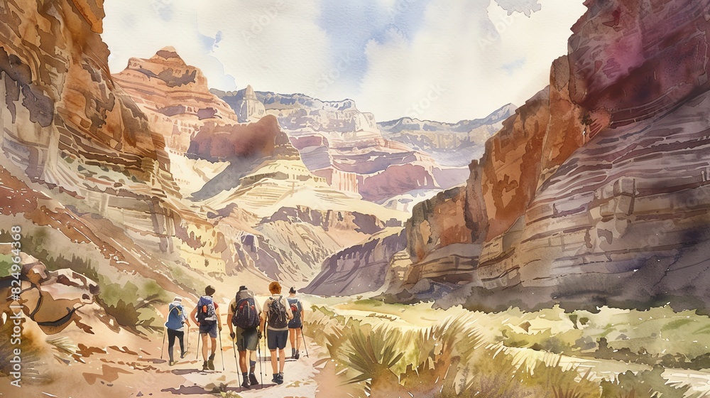 A group of hikers exploring a stunning canyon landscape with towering rock formations under a bright sky. A group of hikers exploring a stunning canyon landscape with towering rock formations under a bright sky.