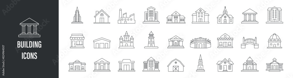 House and building line icon set. Outline icons collection. Building simple minimal thin line icons - stock vector. House and building line icon set. Outline icons collection. Building simple minimal thin line icons - stock vector.