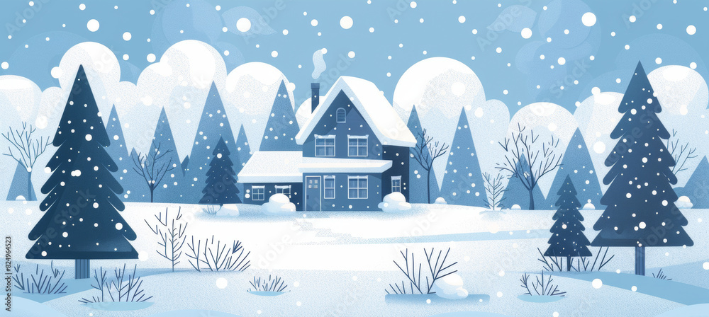 A winter wonderland of a snowy forest with a cozy cabin nestled among the snow-covered trees.