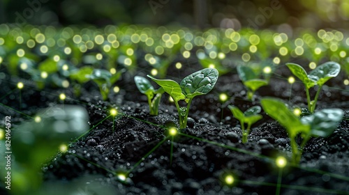 Close-up of seedlings sprouting in soil with glowing lights around them, symbolizing growth, innovation, and sustainability in agriculture.