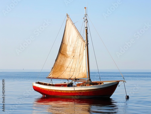 A classic wooden sailboat with a red hull
