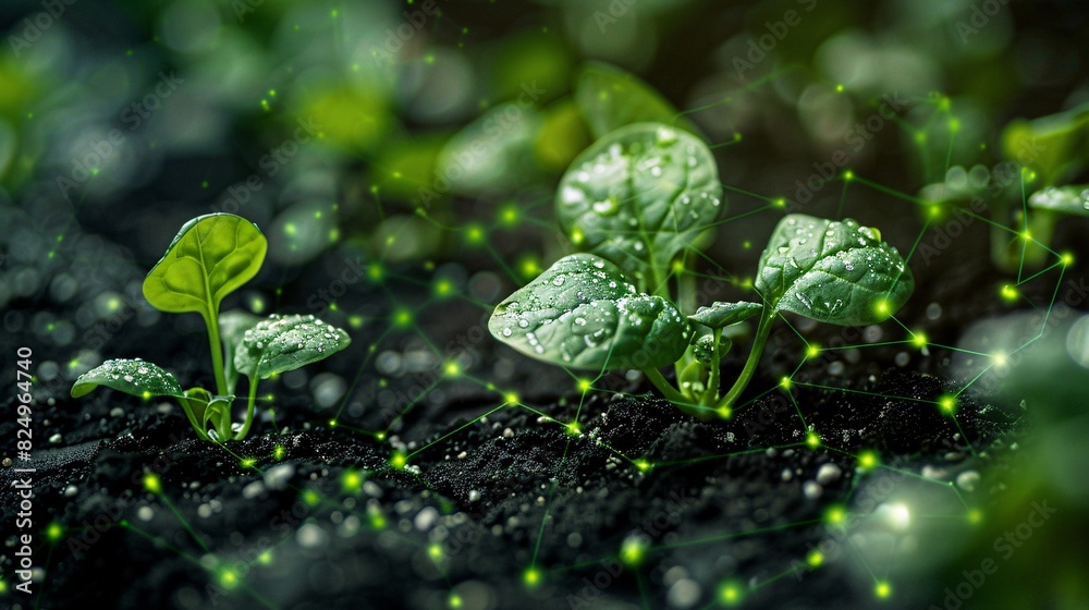 Close-up of seedlings with dewdrops growing in dark soil, illuminated by soft glowing lights, symbolizing growth and potential. Close-up of seedlings with dewdrops growing in dark soil, illuminated by soft glowing lights, symbolizing growth and potential.