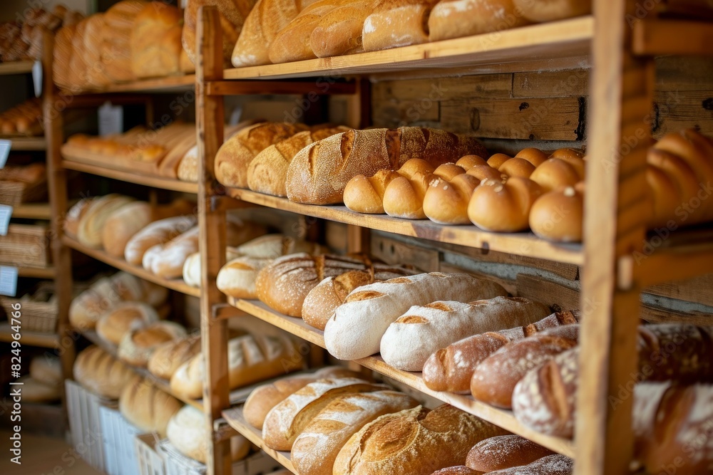 Variety of freshly baked bread loaves displayed on wooden shelves in a bakery