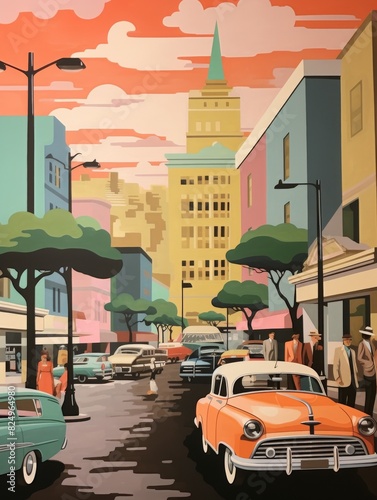 Wallpaper Mural Vintage Cars on Retro City Street Scene Torontodigital.ca