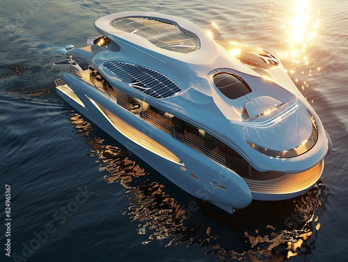 A futuristic yacht with solar panels on the deck photo
