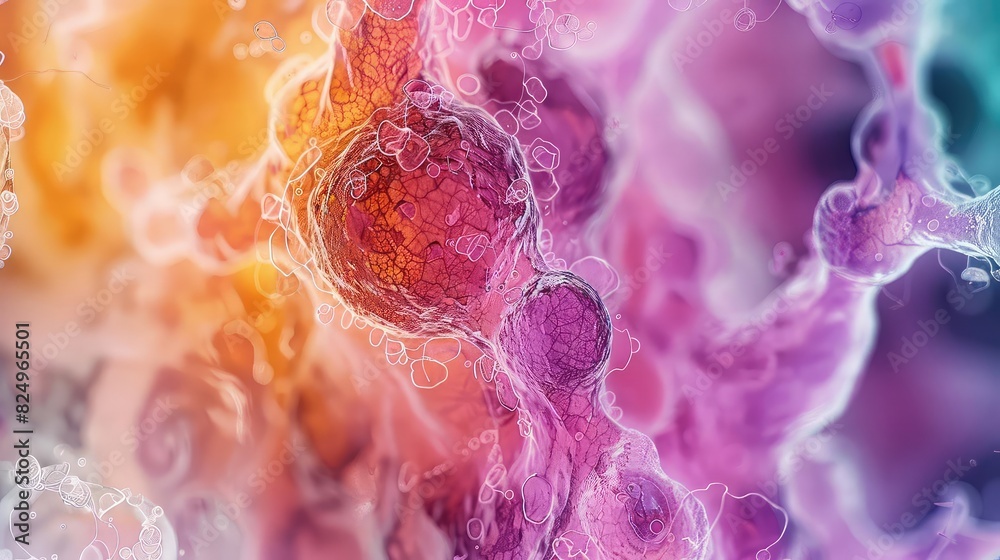 Closeup of chronic illness cells under a microscope, Watercolor Style, Soft Colors, High Resolution, Showcasing persistent damage Closeup of chronic illness cells under a microscope, Watercolor Style, Soft Colors, High Resolution, Showcasing persistent damage