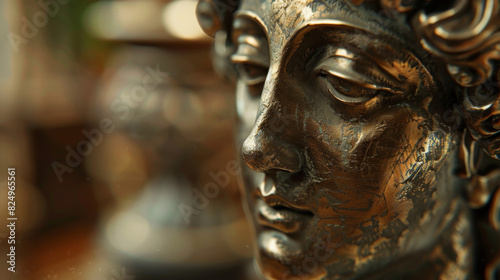 Close-up shot of a bronze statue with aged patina  capturing the fine craftsmanship  contrasting highlights and shadows  photorealistic  blurred background for focus