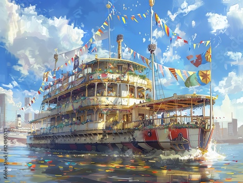A grand old ferry with colorful flags and decorations photo